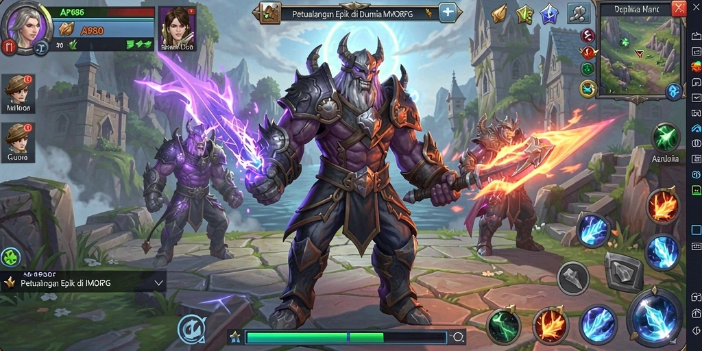 Tampilan utama gameplay AP686 menampilkan pertempuran seru di dunia fantasi.