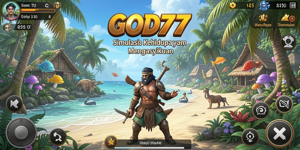 Tampilan gameplay GOD77 yang menampilkan dunia simulasi interaktif.