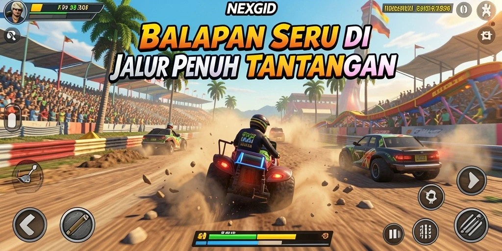 Tangkapan layar gameplay NEXGID menampilkan balapan yang menegangkan dan kendaraan yang cepat.