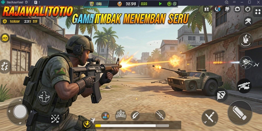 Tampilan gameplay seru dalam RAJAWALITOTO dengan aksi tembak menembak.