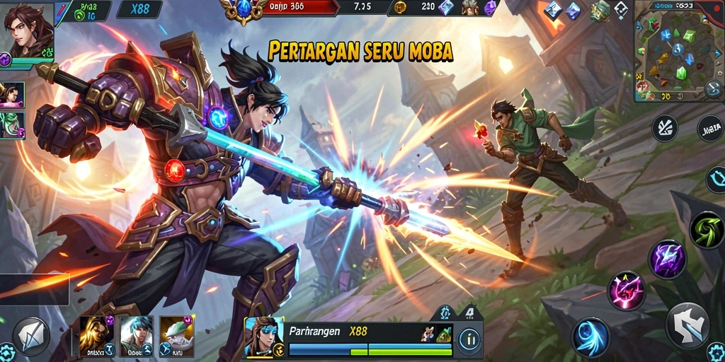 Gameplay X88 yang intens dan strategis dalam dunia MOBA.